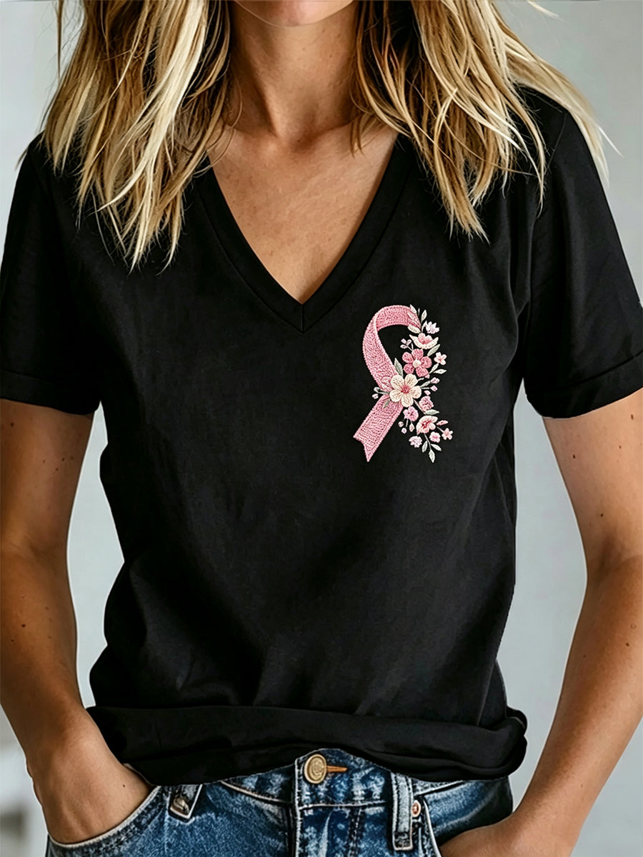 Damen-T-Shirt mit V-Ausschnitt und Aufdruck zur Brustkrebsaufklärung