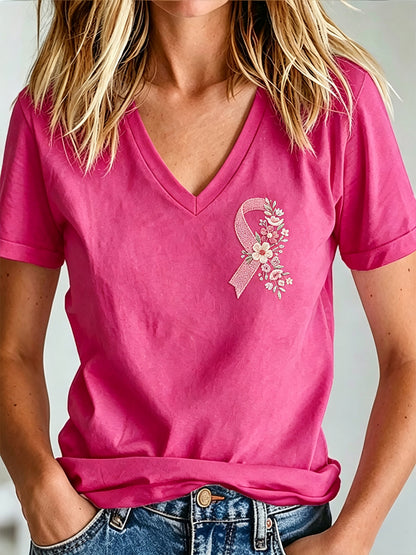 Damen-T-Shirt mit V-Ausschnitt und Aufdruck zur Brustkrebsaufklärung