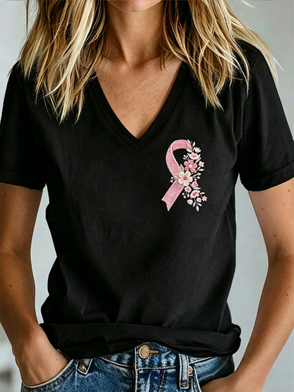 Damen-T-Shirt mit V-Ausschnitt und Aufdruck zur Brustkrebsaufklärung