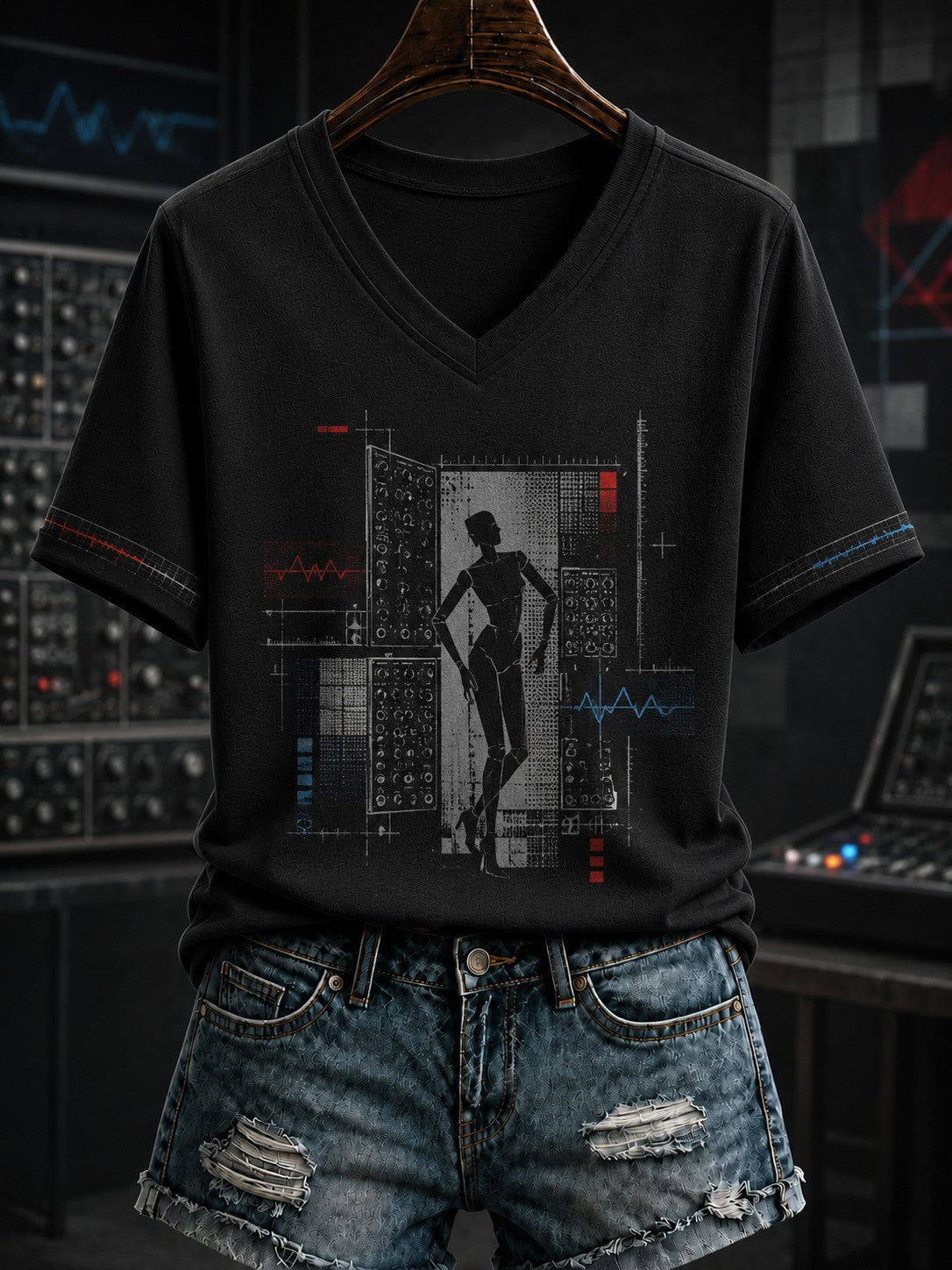Frauen-Neue-Deutsche-Welle-T-Shirt mit V-Ausschnitt und Print