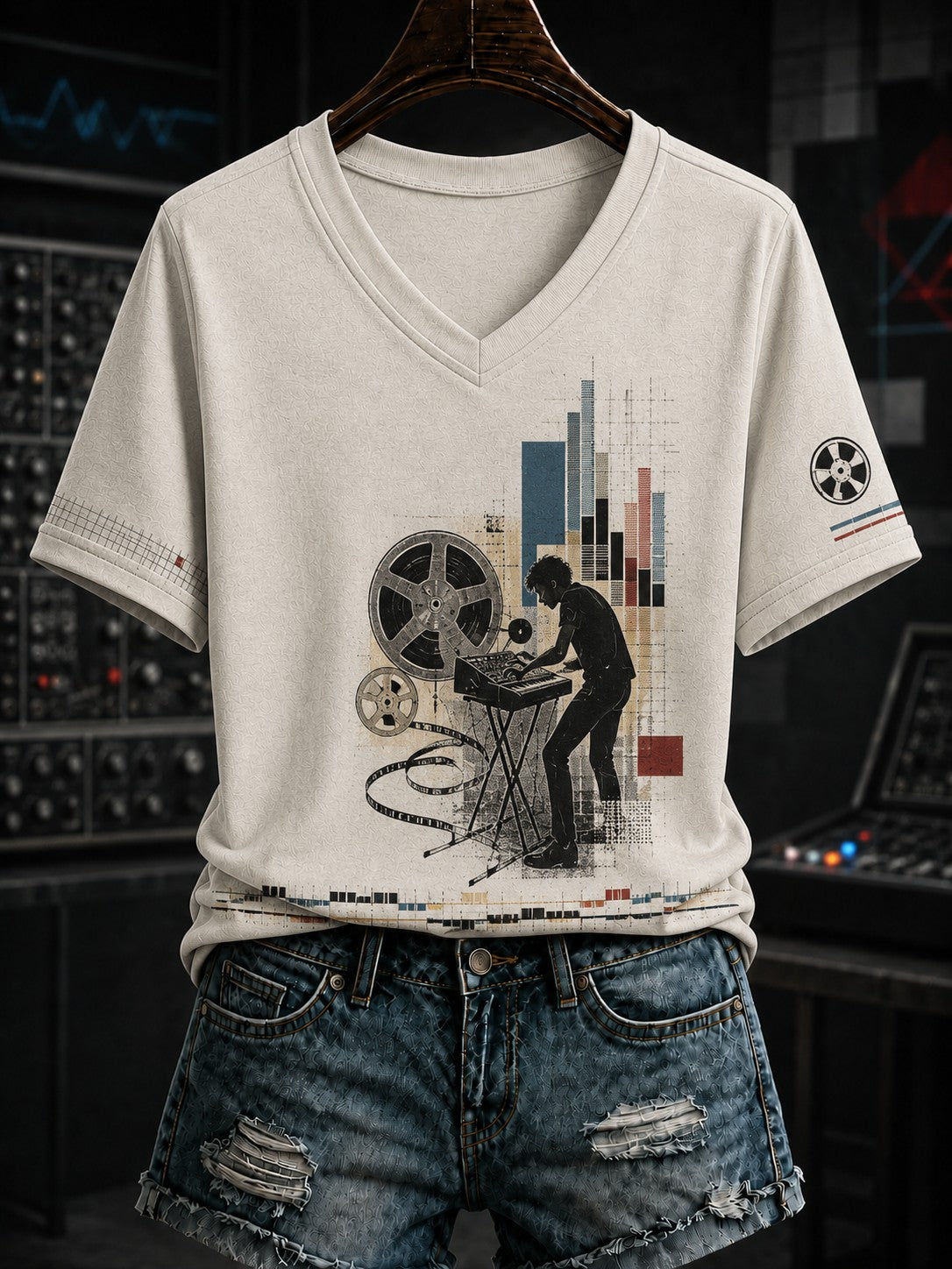 Frauen-Neue-Deutsche-Welle-T-Shirt mit V-Ausschnitt und Print