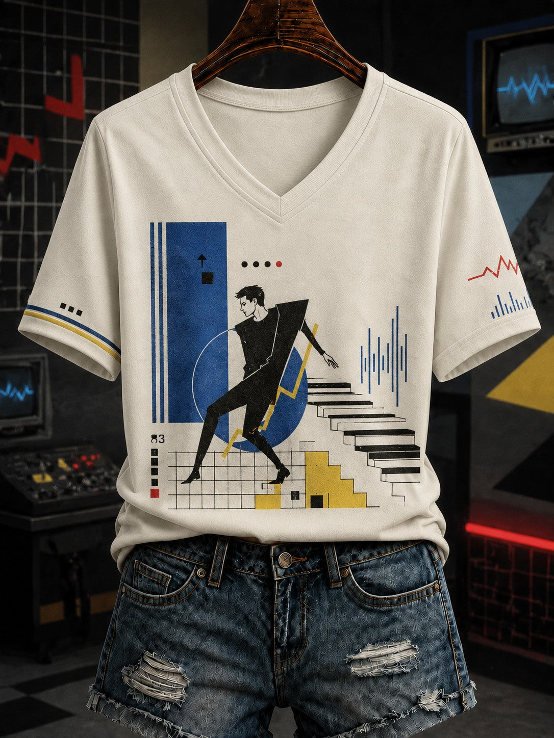 Frauen-Neue-Deutsche-Welle-T-Shirt mit V-Ausschnitt und Print