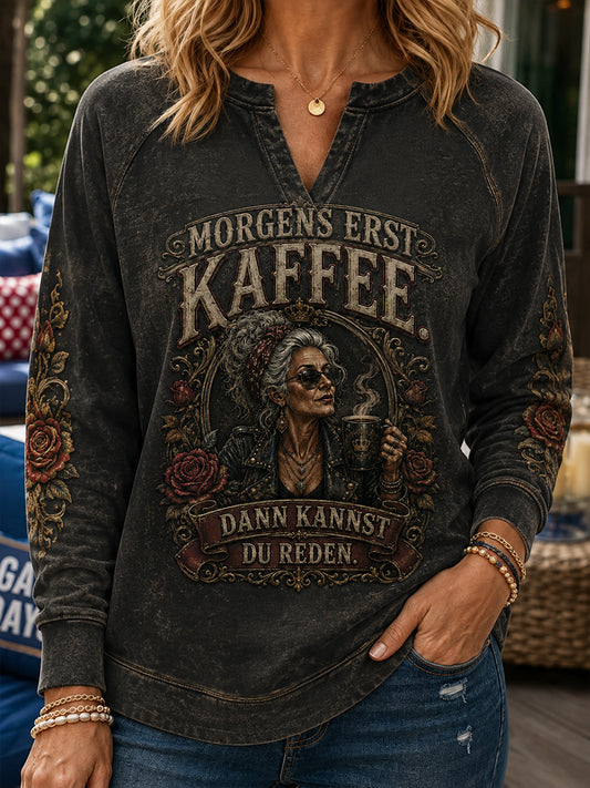 Frauen-Luftiges Kapuzenpullover mit humorvollem Spruch und V-Ausschnitt