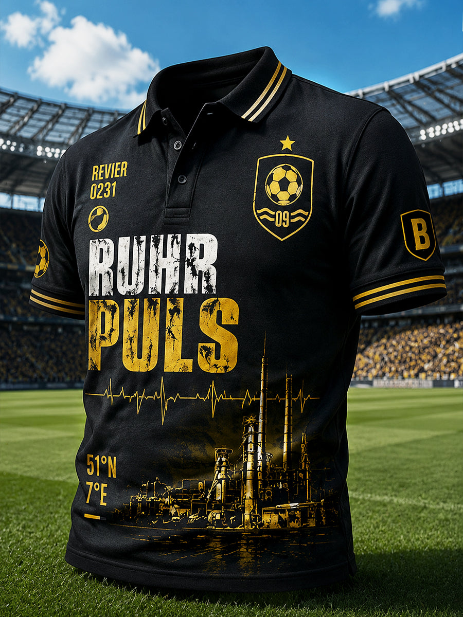 Herren Schwarz Deutscher Ballspiel verein Borussia Fußball-Print Freizeit-Polo-Shirt