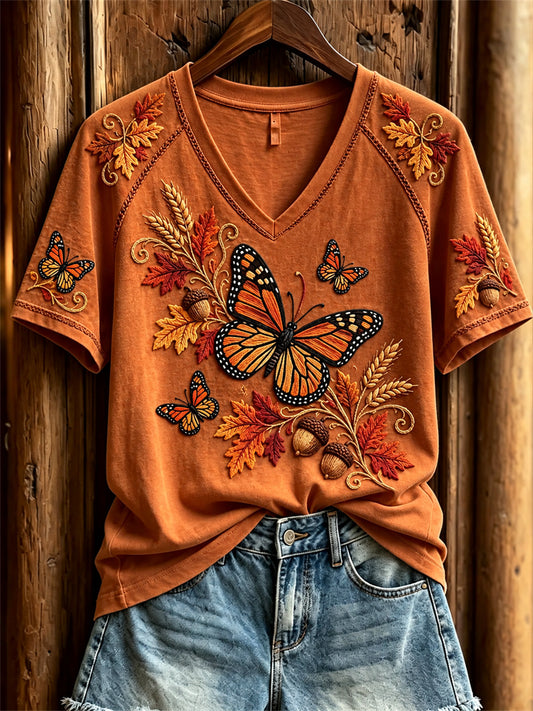Damen-Herbst-T-Shirt mit Druck von Monarchschmetterlingen und Pflanzen, kurzärmelig