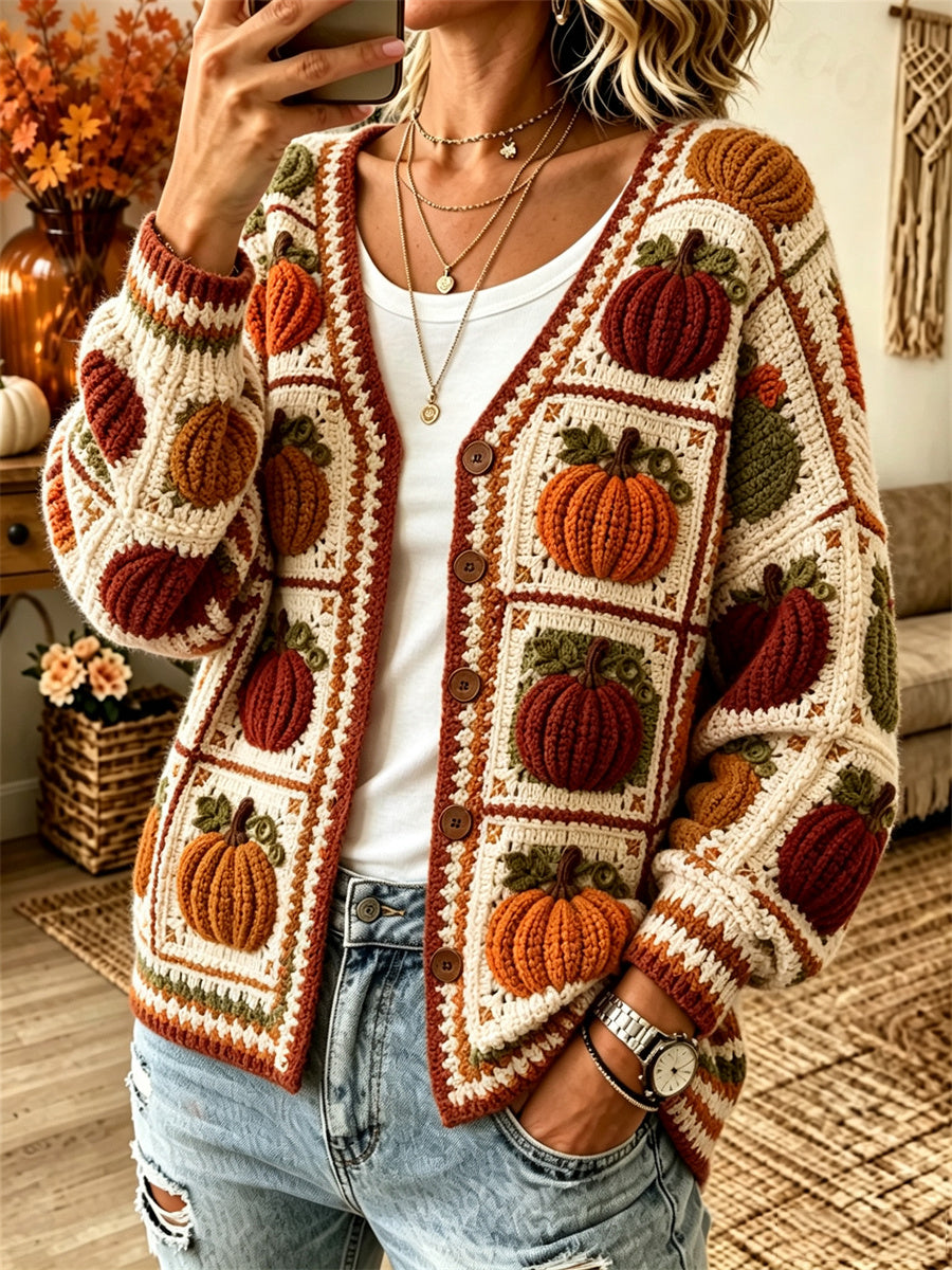 Kuscheliger Damen-Cardigan im Vintage-Stil mit Herbst-Kürbis-Print