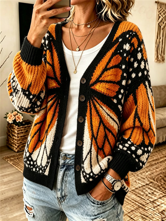 Kuscheliger Herbst-Cardigan für Damen mit einem vom Monarchfalter inspirierten Print