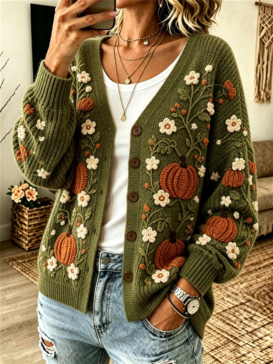 Kuscheliger Herbst-Cardigan für Damen mit Kürbis- und Blumenmuster