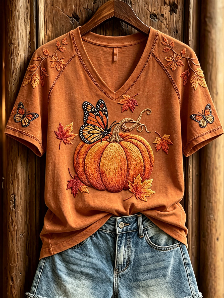 Damen-Herbst-T-Shirt mit Monarchschmetterlingen und Kürbis-Print, kurzärmelig