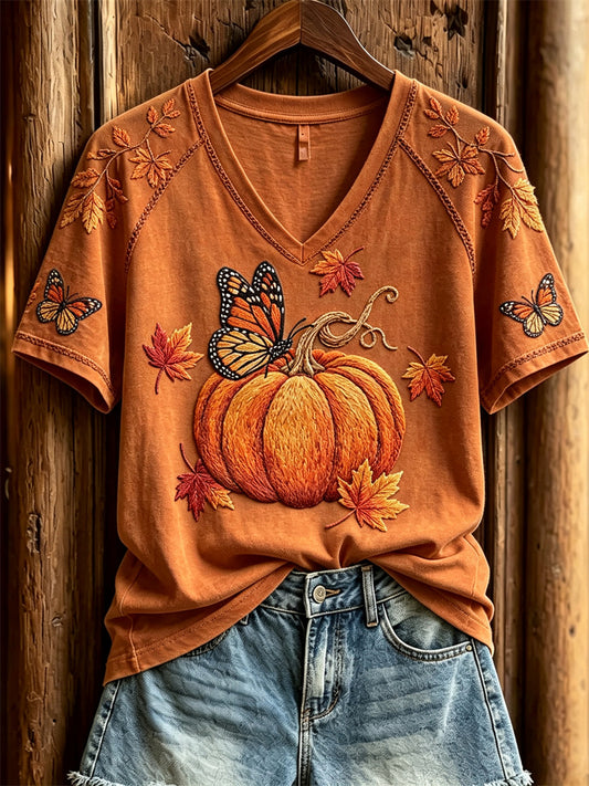 Damen-Herbst-T-Shirt mit Monarchschmetterlingen und Kürbis-Print, kurzärmelig