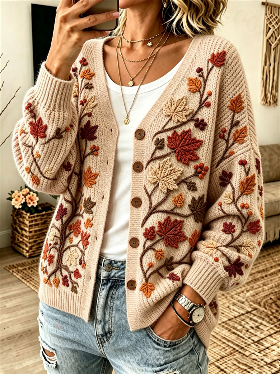 Kuscheliger Damen-Strickcardigan mit Herbstmotiv: Bäume, Äste und Blätter