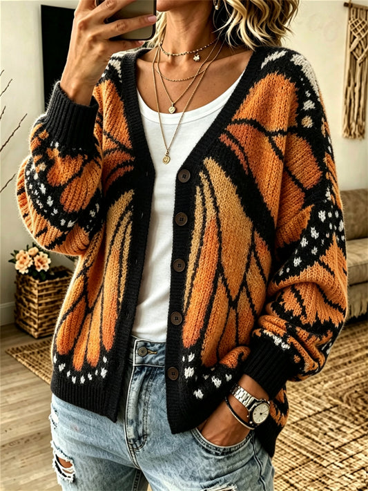 Kuscheliger Herbst-Cardigan für Damen mit einem vom Monarchfalter inspirierten Print