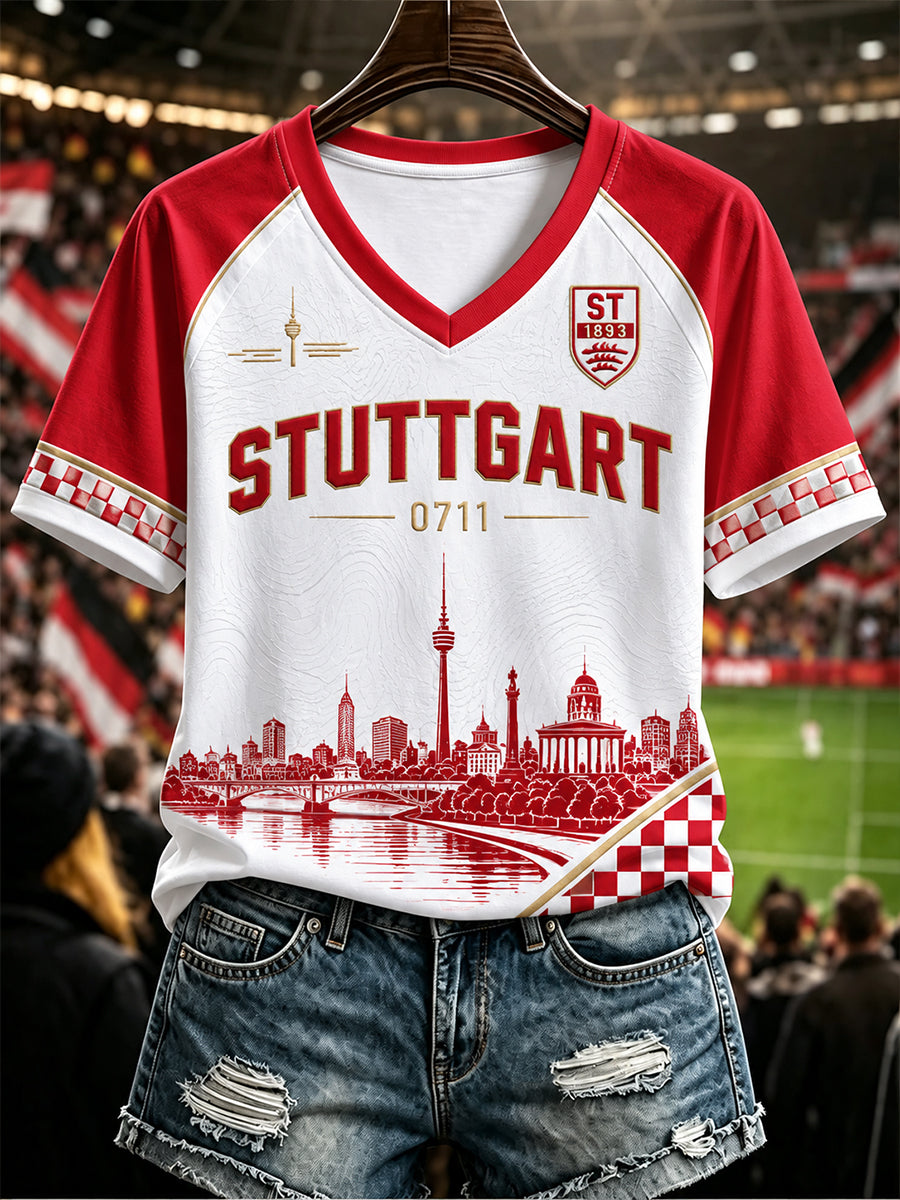 Damen-VfB-Stuttgart-V-Ausschnitt-Off‑Shoulder-T-Shirt mit kurzen Ärmeln
