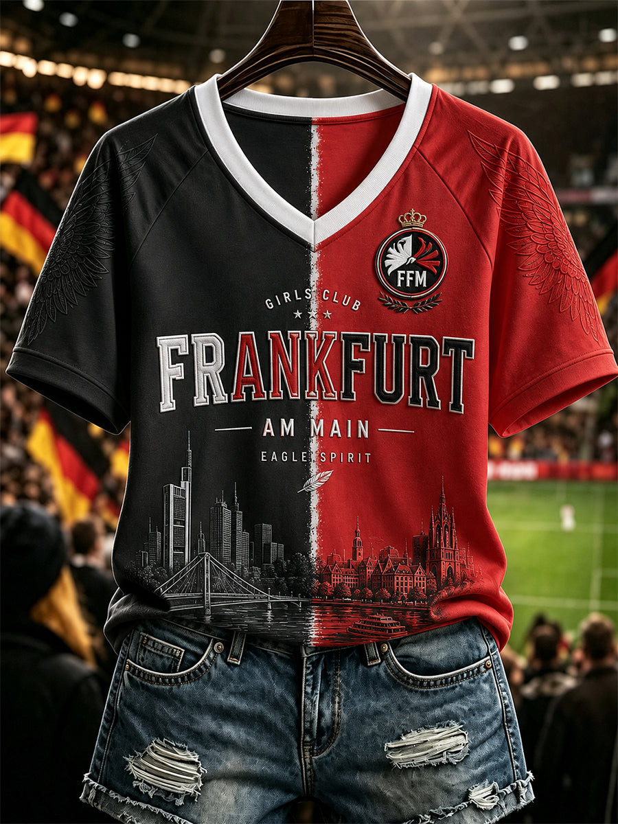 Damen-Eintracht-Frankfurt-V-Ausschnitt-Off‑Shoulder-T-Shirt mit kurzen Ärmeln