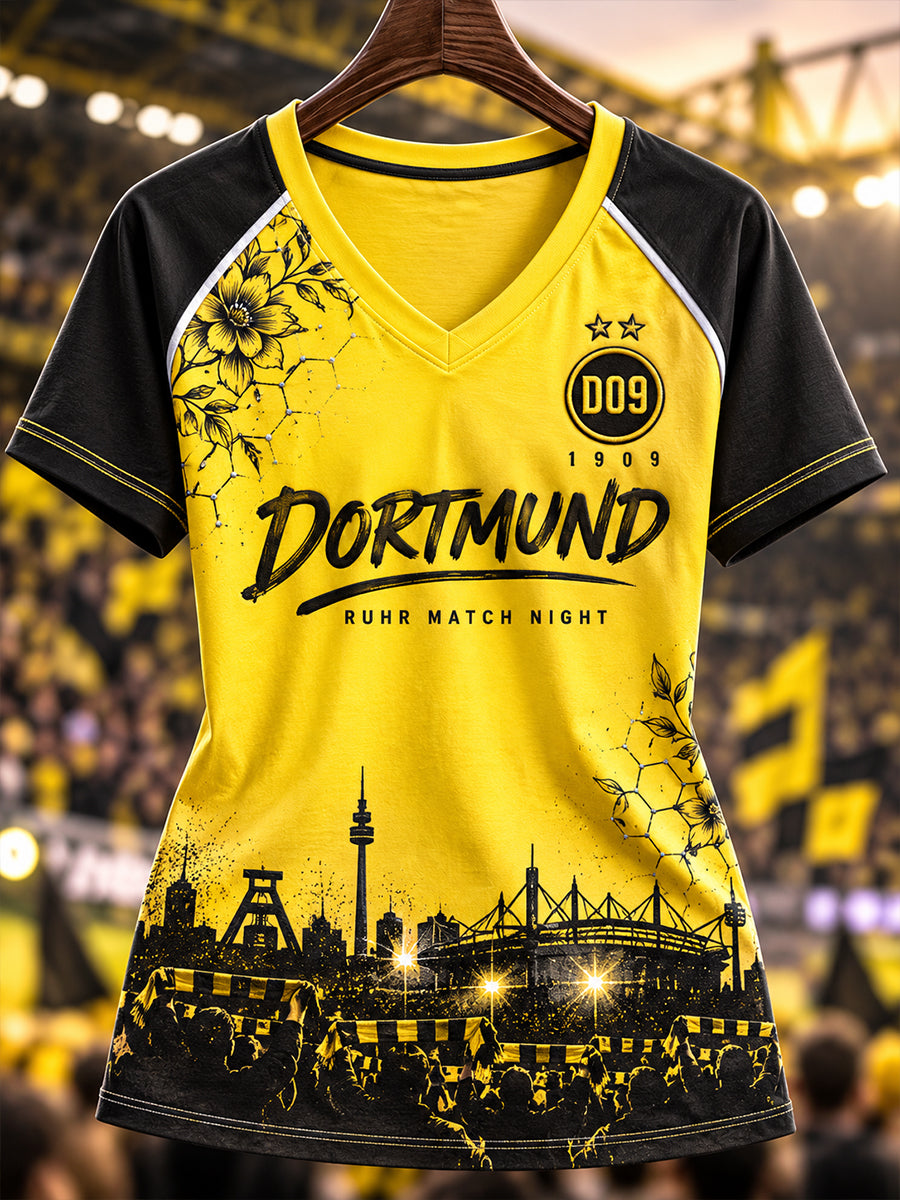 Damen-T-Shirt mit V-Ausschnitt, schulterfrei und kurzen Ärmeln aus Dortmund