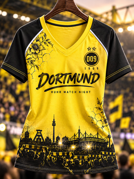 Damen-T-Shirt mit V-Ausschnitt, schulterfrei und kurzen Ärmeln aus Dortmund