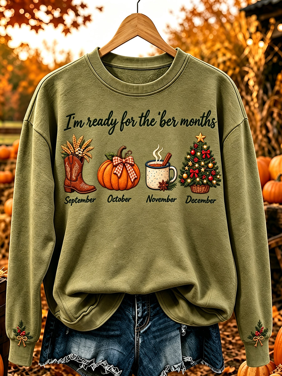 Damen-Vintage-Bequemer Sweatshirt mit dem Aufdruck „Ich bin bereit für die ‚ber-Monate“