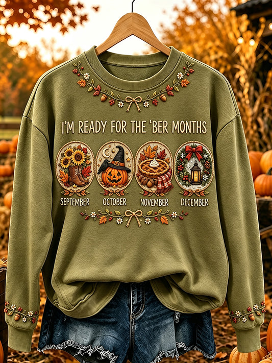Damen-Vintage-Regulärer Sweatshirt mit dem Aufdruck „Ich bin bereit für die ‚ber-Monate“