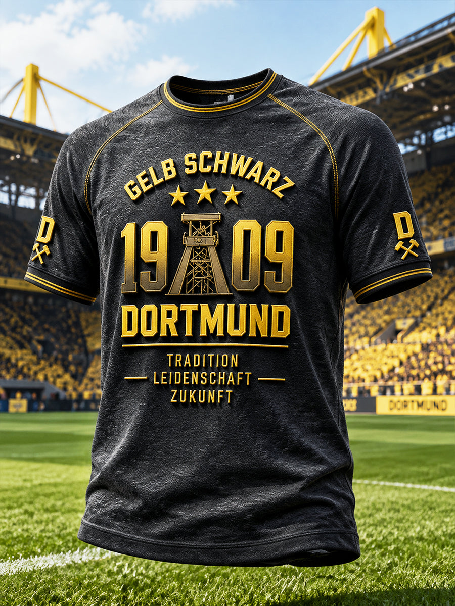 Herren Schwarz Borussia Dortmund Fußball Print Freizeit T-Shirt