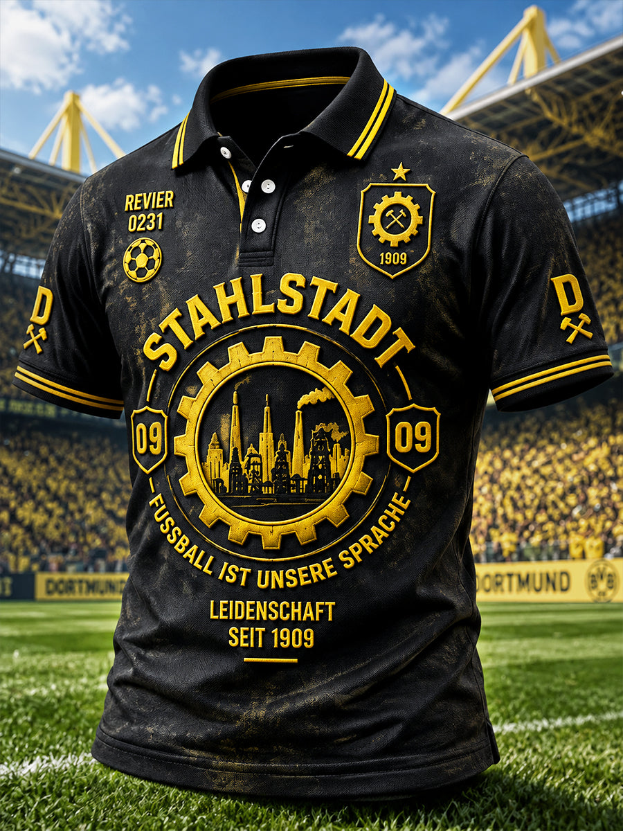 Herren Schwarz Deutsch Borussia Dortmund Fußball-bedrucktes Freizeit-Polo-Shirt