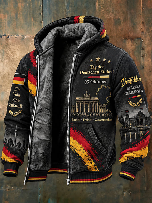 Gedenk-Grafikdruck-Kapuzenjacke mit langen Ärmeln zum Tag der Einheit der Männer