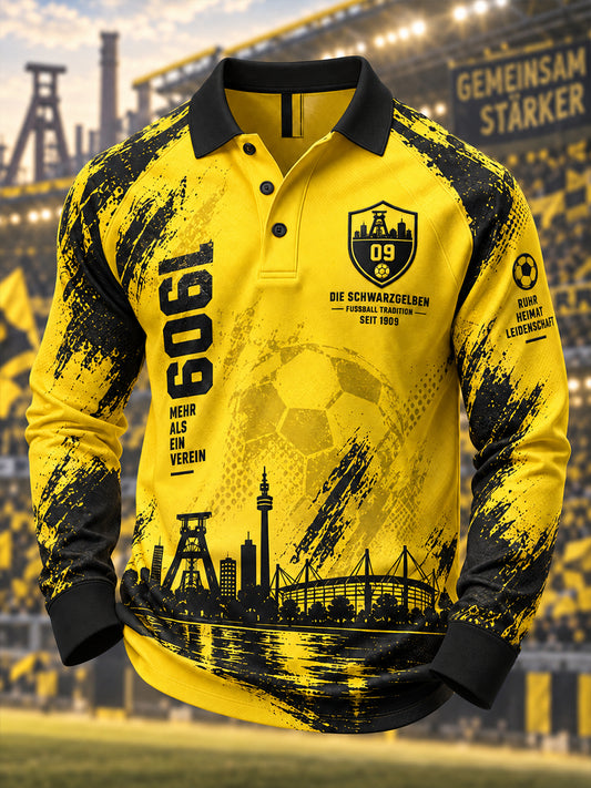 Herren-Poloshirt mit langen Raglanärmeln und Fußballmotiv