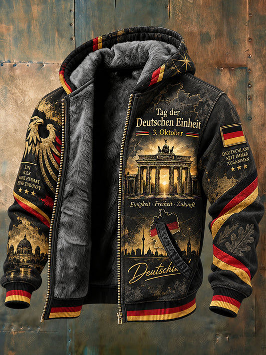 Gedenk-Grafikdruck-Kapuzenjacke mit langen Ärmeln zum Tag der Einheit der Männer