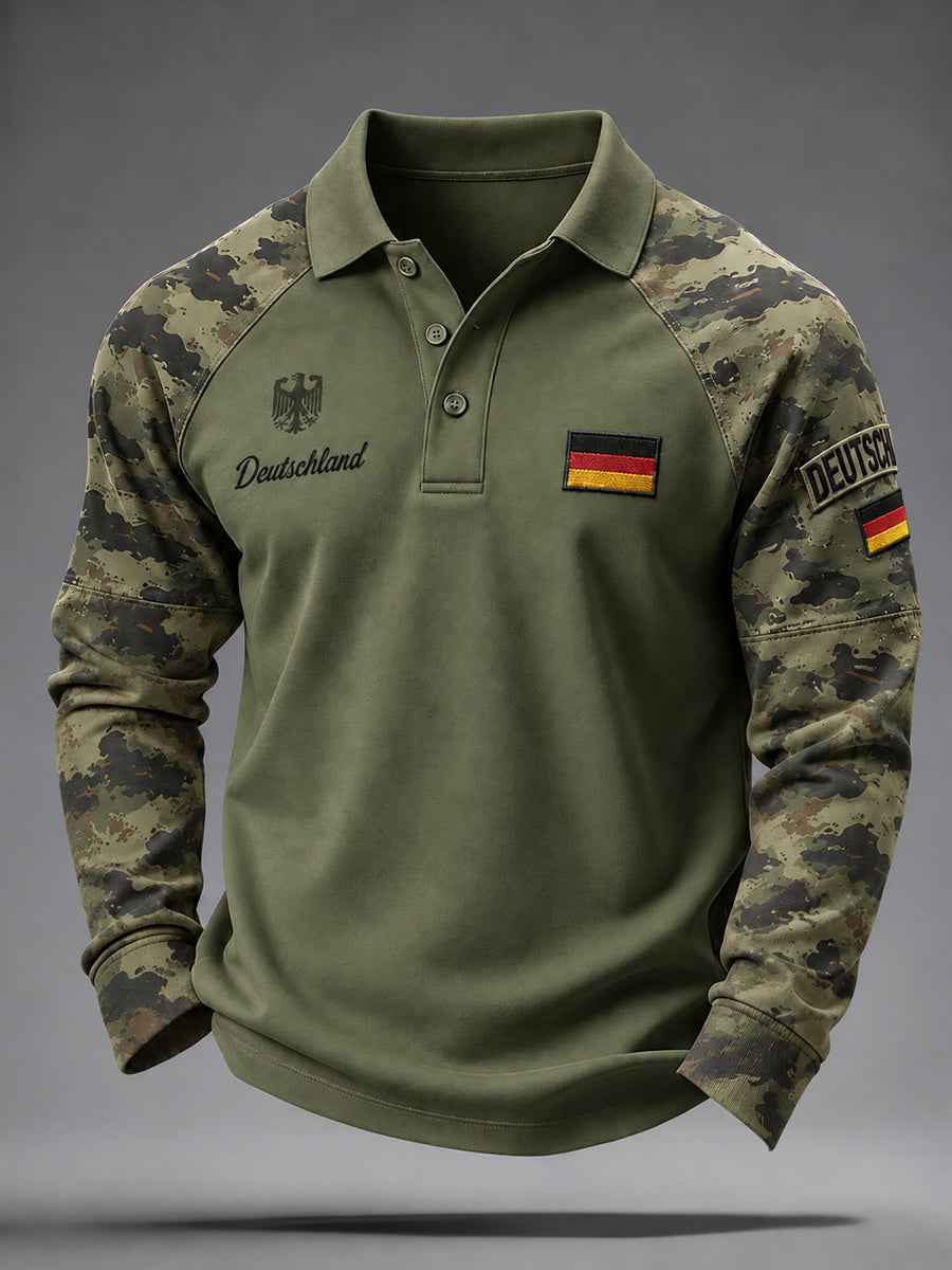 Herren-Camouflage-Poloshirt mit Veteranen-Gedenkgrafik, Raglanärmel, langärmlig