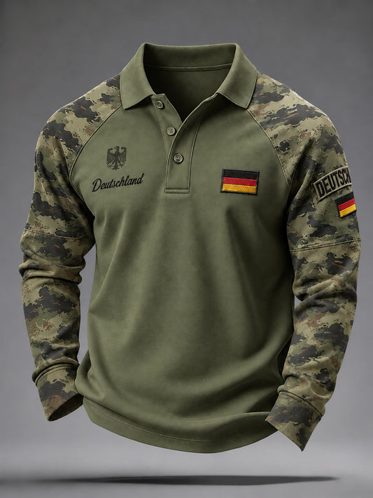 Herren-Camouflage-Poloshirt mit Veteranen-Gedenkgrafik, Raglanärmel, langärmlig
