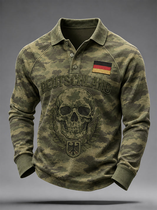 Herren-Camouflage-Poloshirt mit Veteranen-Gedenkgrafik, Raglanärmel, langärmlig