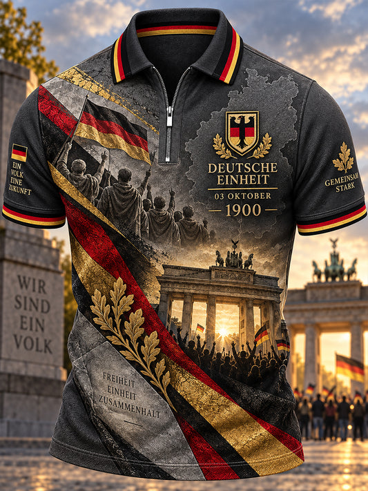 Gedenkdruck-Poloshirt für Herren zum Tag der Einheit, kurzärmelig, mit Reißverschluss am Kragen
