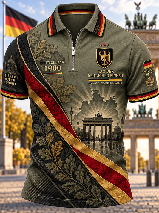 Gedenkdruck-Poloshirt für Herren zum Tag der Einheit, kurzärmelig, mit Reißverschluss am Kragen