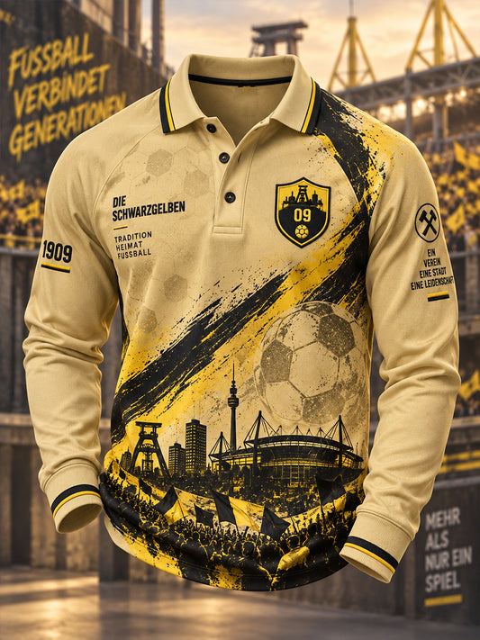 Herren-Poloshirt mit langen Raglanärmeln und Fußballmotiv