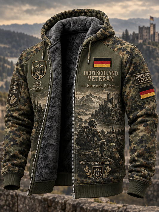 Herren-Camouflage-Kapuzenjacke mit langen Ärmeln und Gedenkdruck für Veteranen