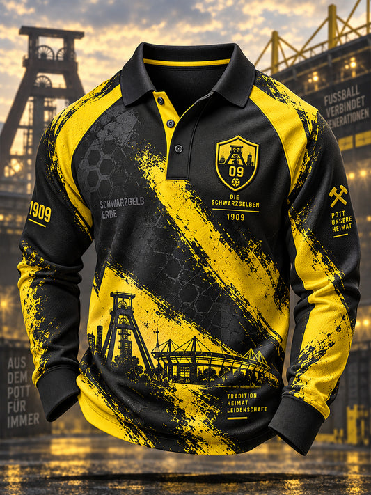 Herren-Poloshirt mit langen Raglanärmeln und Fußballmotiv