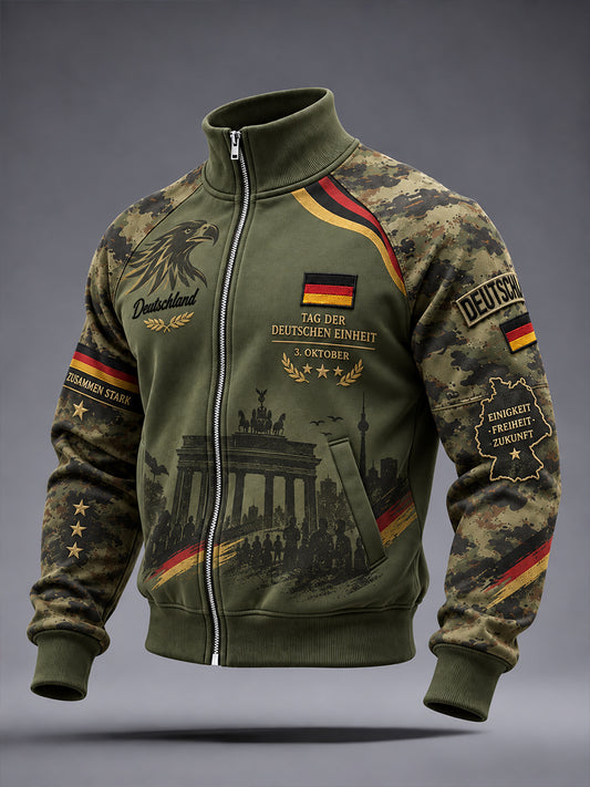 Gedenk-Grafikdruck-Langarmjacke mit Stehkragen zum Tag der Einheit der Männer