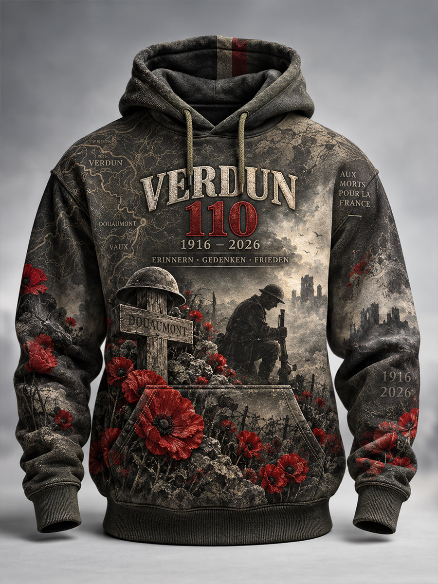Herren-Kapuzenpullover im Übergrößen-Design mit abgesenkten Schultern und Taschen – Erinnerung an die Schlacht von Verdun