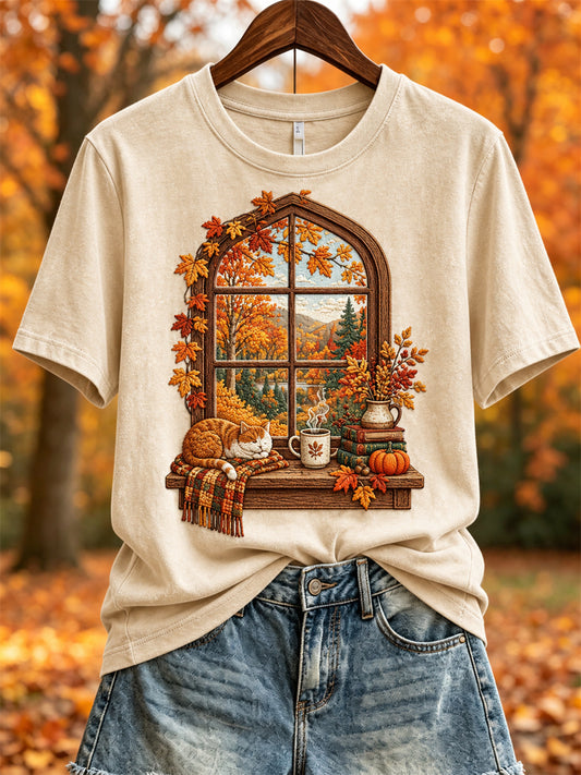 Damen-Herbst-Landschafts fenster & gemütliches Kurzarm-T-Shirt mit Katzen druck