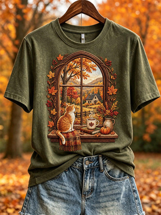 Damen-Herbst-T-Shirt mit Landschafts- und Kuschelkatzen-Print, kurzärmelig