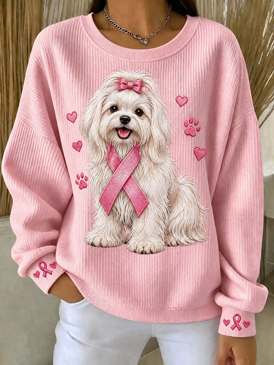 Frauen rosa Band Malteser Hund Print Rundhals-Sweatshirt