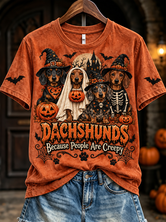 Damen Dackel, weil Menschen gruselig sind Halloween Print Kurzarm T-Shirt