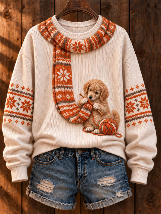 Frauen "Hund stricken einen Schal" Golden Retriever Art-Print Casual Pullover