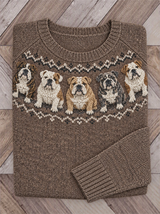 Damen-Vintage-Pullover mit Rundhalsausschnitt und Bulldoggen-Isle-Print