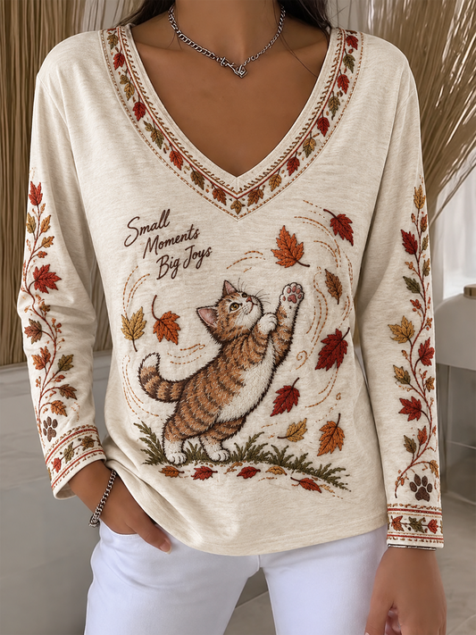 Damen-T-Shirt mit V-Ausschnitt, niedlichem Katzen druck