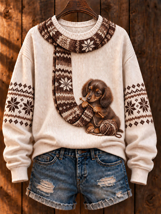 Damen "Hund stricken einen Schal" Dackel Art-Print Casual Pullover
