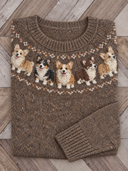 Damen Vintage Corgi Hunde Yoke Isle Print Pullover mit Rundhals ausschnitt
