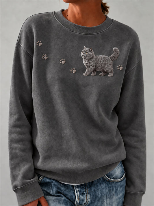 Damen schöne Fuzzy Britisch Kurzhaar Katze & Pfote Print Sweatshirt
