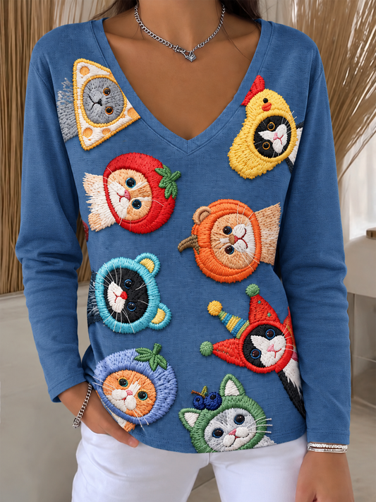 Damen-T-Shirt mit niedlichem Katzen-Print und V-Ausschnitt