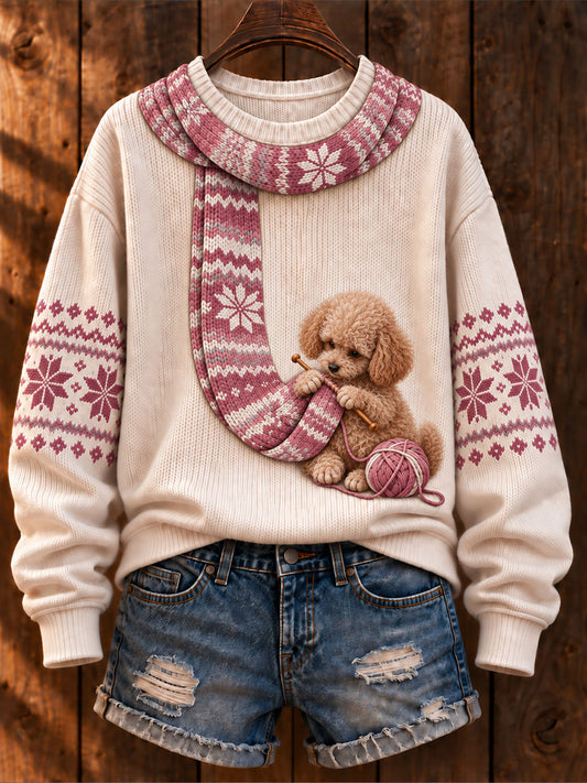 Damen-Pudel-Kunstdruck-Casual-Pullover "Hund stricken einen Schal"
