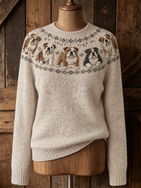 Damen-Vintage-Pullover mit Rundhalsausschnitt und Bulldoggen-Isle-Print